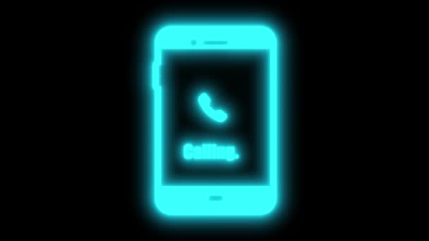 Neon Brilhante Smartphone Chamando Ícone Animado Fundo Preto — Vídeo de Stock