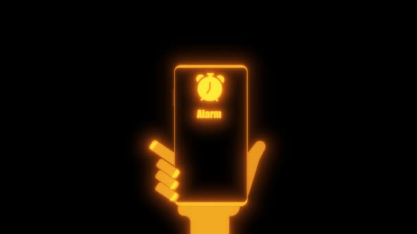 Neon Gloeiende Smartphone Met Een Alarm Icoon Het Scherm Geïsoleerd — Stockvideo