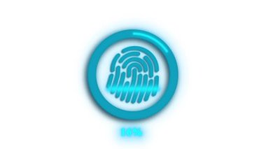 Neon mavi parmak izi simgesi beyaz arkaplan üzerinde dairesel bir çerçeve içinde canlandırıldı.