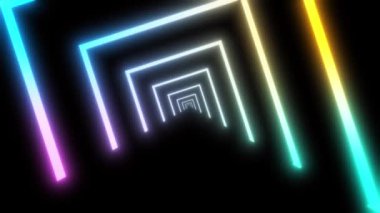Karanlık bir arkaplanda canlı renklere sahip soyut neon ışık tüneli.