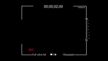 Kayıt zamanı ultra HD çözünürlük göstergesi ve yakınlaştırma seviyesi siyah arkaplan üzerinde canlandırılmış dijital kamera görüntüleyici.
