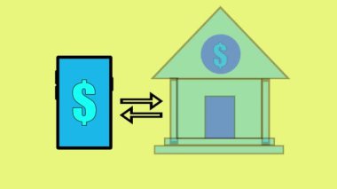 Bir dolar işaretli akıllı telefon banka binasına para transferi banka binasını ya da internet finansmanını sembolize ediyor..