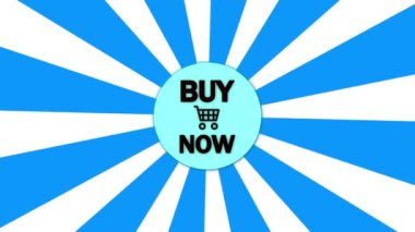 Merkezi Buy Now düğmesi olan mavi radyal patlama arkaplanı çevrimiçi alışveriş ve satışları sembolize eden bir alışveriş arabası simgesi.