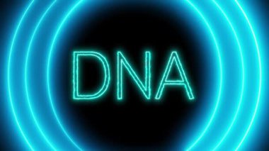 Karanlık bir arka planda parlayan mavi yüzüklü DNA sözcüğüyle canlandırılmış neon işareti.