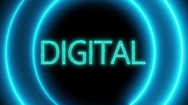 Siyah arkaplanda parlayan DiGITAL sözcüğüyle canlandırılmış neon mavi daireler.