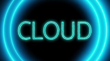 Siyah bir arkaplan üzerinde neon parlayan daire ile bulutlu metin.