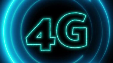 Neon mavisi 4G sembolü koyu bir arkaplanda eşmerkezli dairelerle parlıyor..