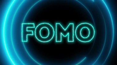 Koyu arkaplanda parlayan mavi halkalar ile FOMO neon işareti kavramı.