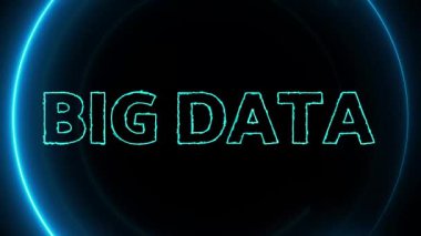 Siyah bir arkaplan üzerinde neon parlayan daire ile büyük veri metni.