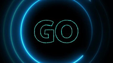 Kelime ile neon mavi daireler koyu bir arka planda parlar.