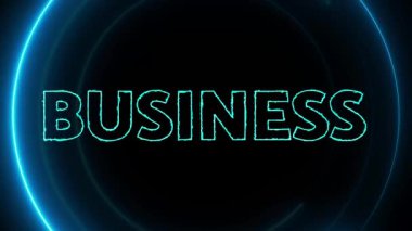 Animasyon neon mavi daireler. Kelime işi koyu bir arka planda parlıyor..