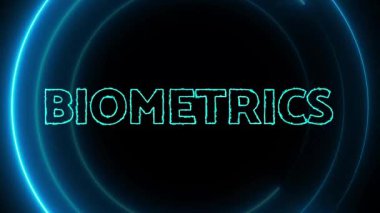 Neon mavi daireler kelime BIOMETRICS koyu arkaplan üzerinde animasyon.