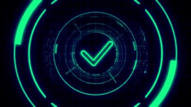 Siyah bir arkaplan üzerinde ışıldayan kontrol işaretine sahip gelecekçi neon HUD arayüzü.
