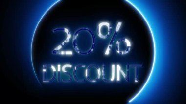 Koyu arkaplanda mavi ışıkta parlayan% 20 indirimli metin ile neon işareti.