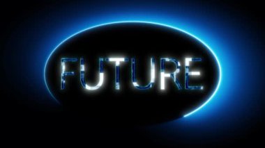 FUTURE kelimesi koyu arkaplanda parlayan fütürist mavi neon işareti.