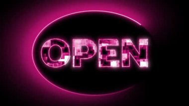 Koyu arkaplanda pembe ve mor ışıklar parlayan neon açık tabela.