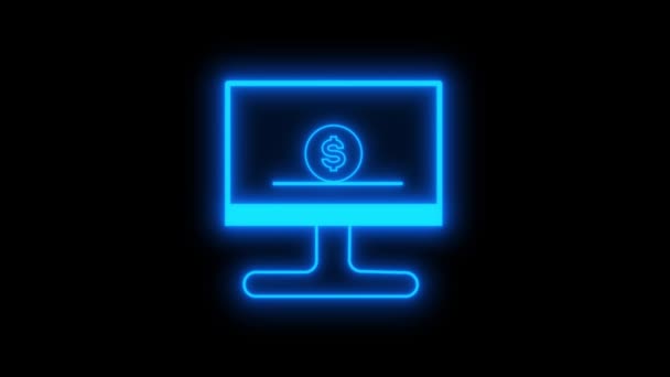 暗い背景にアニメーションされたドルサインを持つコンピュータモニターのネオンアイコン — ストック動画