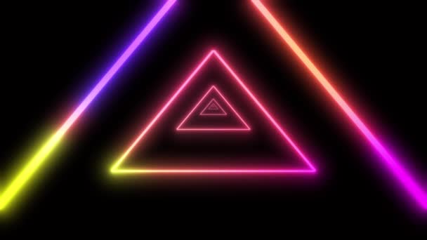 Neon Világító Háromszögek Rózsaszín Sárga Kék Animált Sötét Alapon — Stock videók