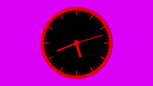 Minimalistische Uhr Mit Roten Zeigern Auf Violettem Hintergrund — Stockvideo