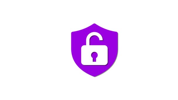 Grafika Fialového Štítu Ikonou Zámku Slovem Unlock Označujícím Kybernetickou Bezpečnost — Stock video