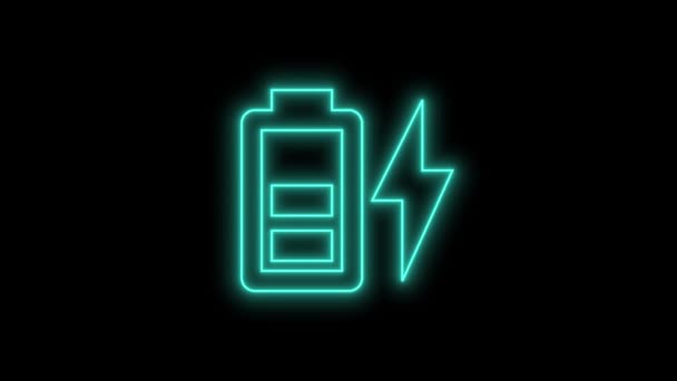 Піктограма Неонової Батареї Символом Заряду Анімовані Темному Тлі — стокове відео
