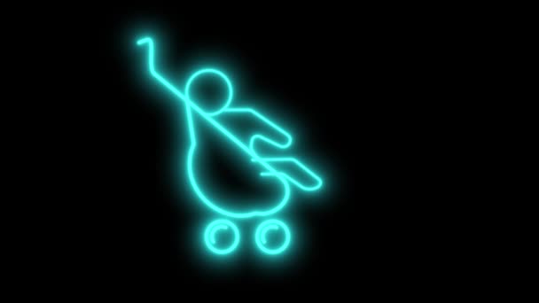 尼昂标志婴儿在一个婴儿车发光青色动画在黑色背景 — 图库视频影像