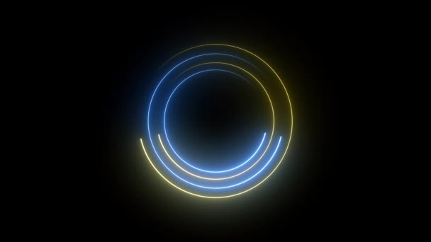 在黑色背景上动画的蓝色和黄色霓虹灯圈 — 图库视频影像
