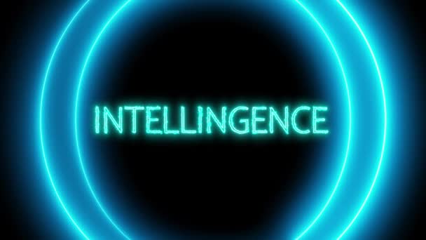 Неоновый Знак Словом Intelligence Светящиеся Круглые Линии Анимированы Темном Фоне — стоковое видео