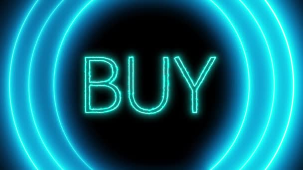 Animowany Neon Słowem Buy Świecące Niebieskie Kółka Ciemnym Tle — Wideo stockowe