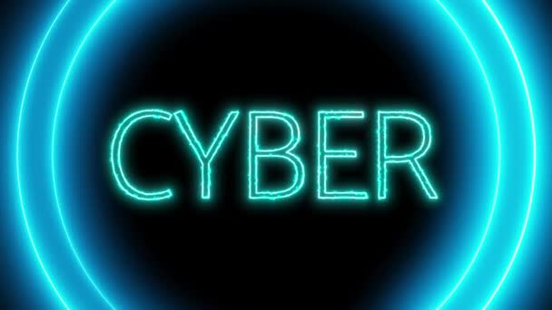 Cyber Szöveg Neon Izzó Kör Animált Fekete Háttér — Stock videók