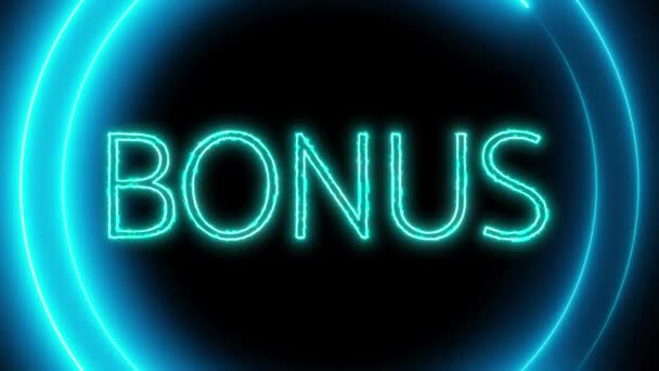 Неоновый Знак Словом Бонус Светящиеся Круглые Линии Анимированные Темном Фоне — стоковое видео