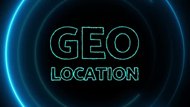 Geo Positionstext Mit Neonglühendem Kreis Animiert Auf Dunklem Hintergrund — Stockvideo