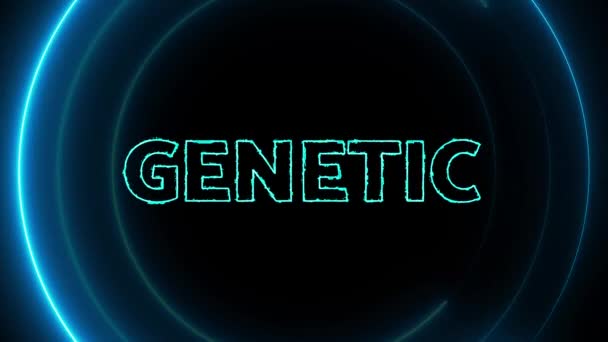 Neon Blue Circles Word Genetic Glowing Animated Black Background — Stock Video