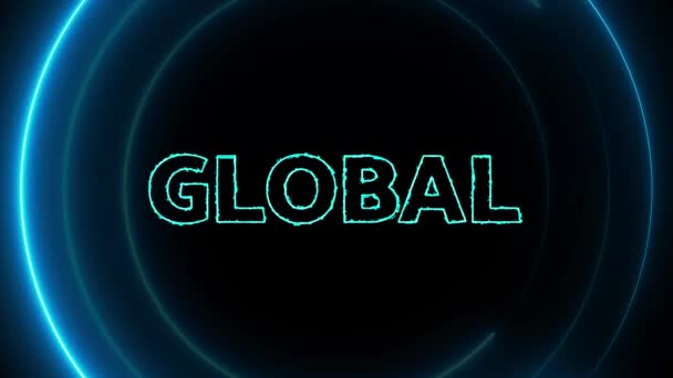 Neon Kék Körök Szó Globális Izzó Animált Fekete Háttér — Stock videók
