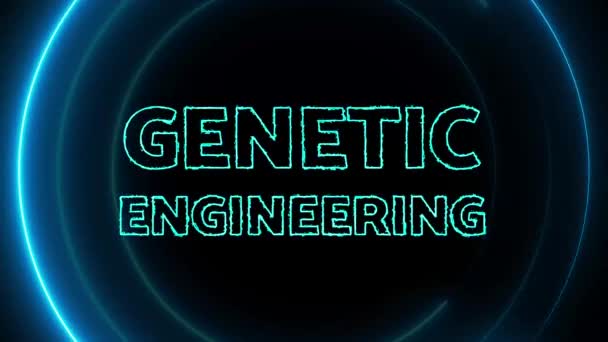 Neon Blue Circles Word Genetic Engineerign Glowing Animated Black Background — Stock Video