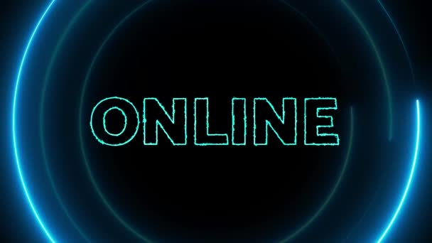Neon Blauwe Cirkels Met Woord Online Gloeiende Geanimeerd Een Zwarte — Stockvideo