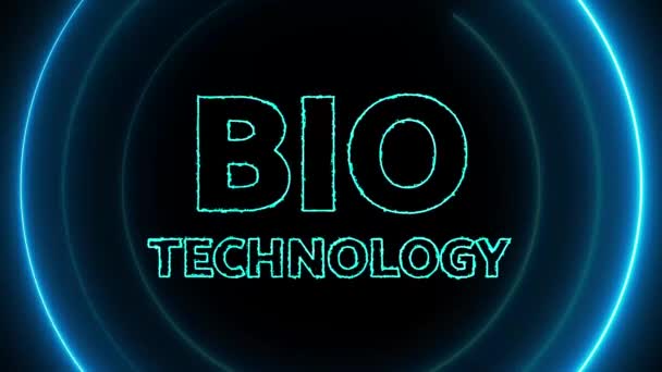 Neon Blå Cirklar Med Ordet Bio Teknik Glödande Animerade Svart — Stockvideo