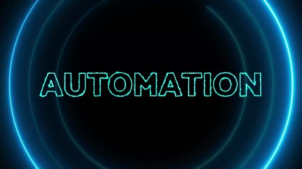 Neon Blauwe Cirkels Met Woord Automatisering Gloeien Geanimeerd Een Zwarte — Stockvideo