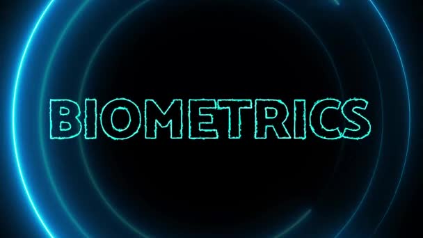 Neon Kék Körök Szó Biometrics Animált Sötét Háttérrel — Stock videók