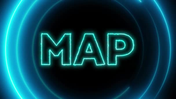 Neonový Nápis Slovním Mapou Zářící Modrém Světle Animovaný Tmavém Pozadí — Stock video