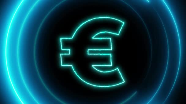 Neon Euro Valuta Szimbólum Ragyog Kék Fény Koncentrikus Körök Animált — Stock videók