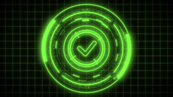 Futuristic Green Check Mark Hologram Animated Dark Grid Background — Stock Video