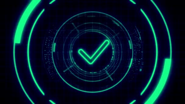 Futuristic Neon Hud Interface Glowing Check Mark Animated Black Background — Stock Video