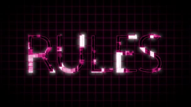 Neon Sign Word Rules Glowing Pink Animated Dark Grid Background — Stockvideo