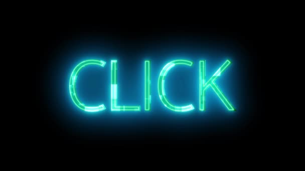 Neon Znak Słowem Click Oświetlone Kolorze Niebieskim Animowane Czarnym Tle — Wideo stockowe