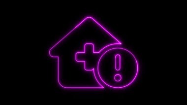 Üzerinde artı ve ünlem işareti olan, koyu arkaplanda mor renkli bir animasyon olan bir evin neon işareti..