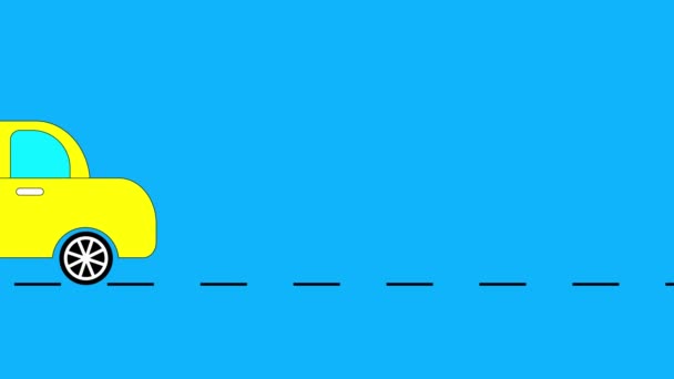 Sárga Autó Illusztráció Animált Kék Alapon Szaggatott Vonal Úton — Stock videók