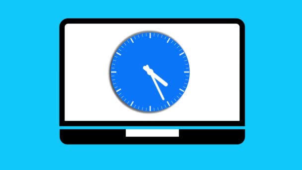 Laptop Obrazovkou Hodin Animované Modrém Pozadí — Stock video