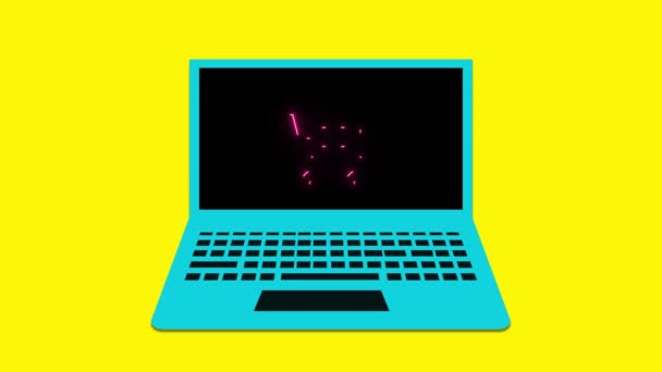 Carrinho Compras Néon Tela Laptop Animou Fundo Amarelo — Vídeo de Stock