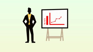 Beyaz arkaplanda grafik simgesinin yanında duran işadamı.